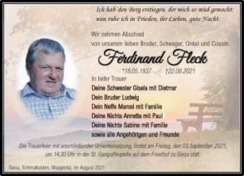 Traueranzeige von Ferdinand Fleck von Südthüringer Presse