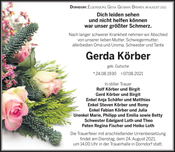 Traueranzeige von Gerda Körber von Südthüringer Presse