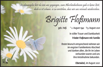 Traueranzeige von Brigitte Floßmann von Südthüringer Presse