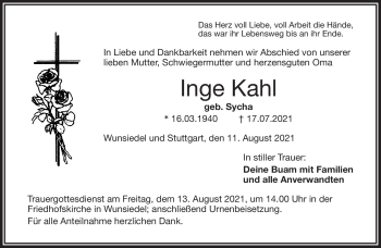 Traueranzeige von Inge Kahl von Frankenpost