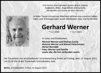 Traueranzeige von Gerhard Werner von Südthüringer Presse