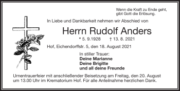 Traueranzeige von Rudolf Anders von Frankenpost