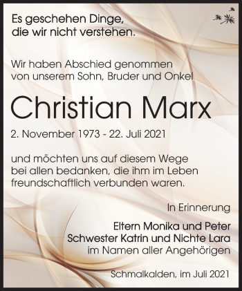 Traueranzeige von Christian Marx von Südthüringer Presse