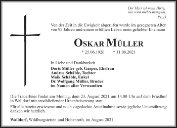 Traueranzeige von Oskar Müller von Südthüringer Presse