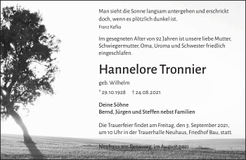 Traueranzeige von Hannelore Tronnier von Südthüringer Presse