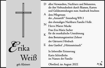 Traueranzeige von Erika Weiß von Südthüringer Presse