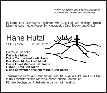 Traueranzeige von Hans Hutzel von Neue Presse Coburg