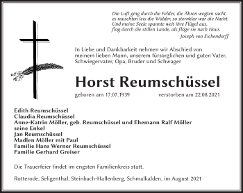Traueranzeige von Horst Reumschüssel von Südthüringer Presse