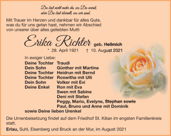Traueranzeige von Erika Richter von Südthüringer Presse