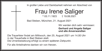 Traueranzeige von Irene Saliger von Frankenpost