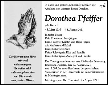 Traueranzeige von Dorothea Pfeiffer von Südthüringer Presse