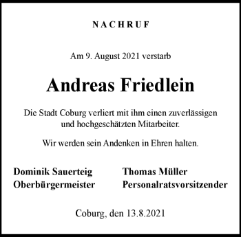 Traueranzeige von Andreas Friedlein von Neue Presse Coburg