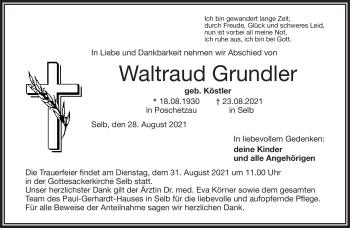 Traueranzeige von Waltraud Grundler von Frankenpost
