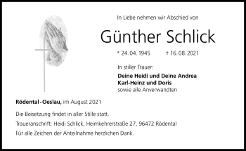 Traueranzeige von Günther Schlick von Neue Presse Coburg