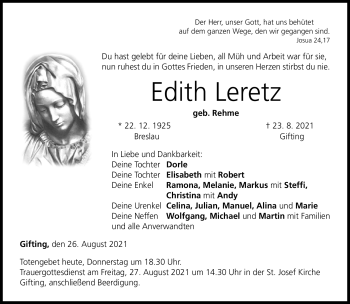 Traueranzeige von Edith Leretz von Neue Presse Coburg