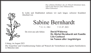 Traueranzeige von Sabine Bernhardt von Neue Presse Coburg