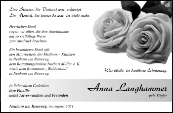 Traueranzeige von Anna Langhammer von Südthüringer Presse