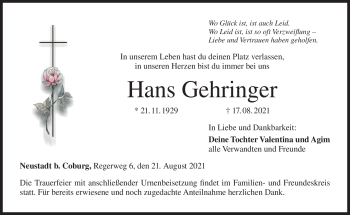 Traueranzeige von Hans Gehringer von Neue Presse Coburg