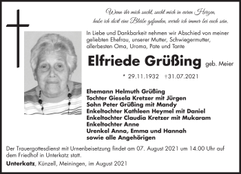 Traueranzeige von Elfriede Grüßing von Südthüringer Presse