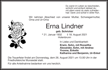 Traueranzeige von Erna Lindner von Frankenpost