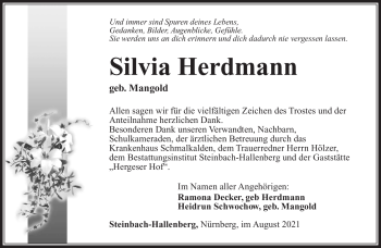 Traueranzeige von Sivlia Herdmann von Südthüringer Presse