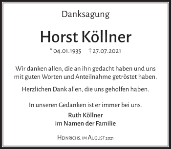 Traueranzeige von Horst Köllner von Südthüringer Presse