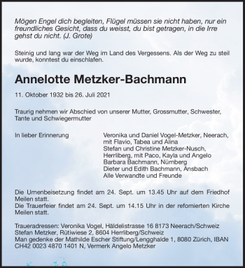 Traueranzeige von Annelotte Metzker-Bachmann von Frankenpost