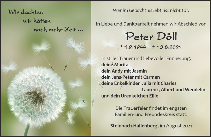  Traueranzeige für Peter Döll vom 21.08.2021 aus Südthüringer Presse