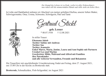 Traueranzeige von Gertrud Stickl von Südthüringer Presse