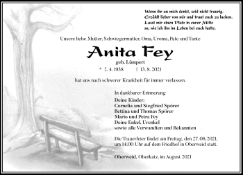 Traueranzeige von Anita Fey von Südthüringer Presse