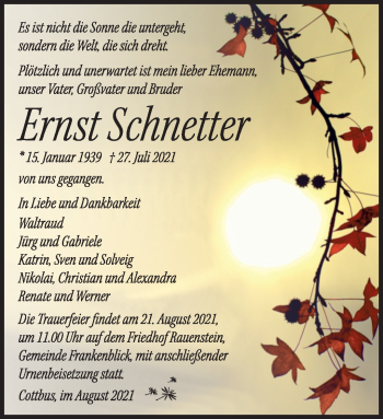 Traueranzeige von Ernst Schnetter von Südthüringer Presse