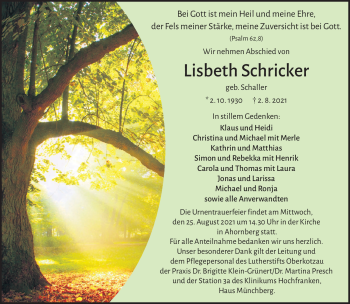 Traueranzeige von Lisbeth Schricker von Frankenpost