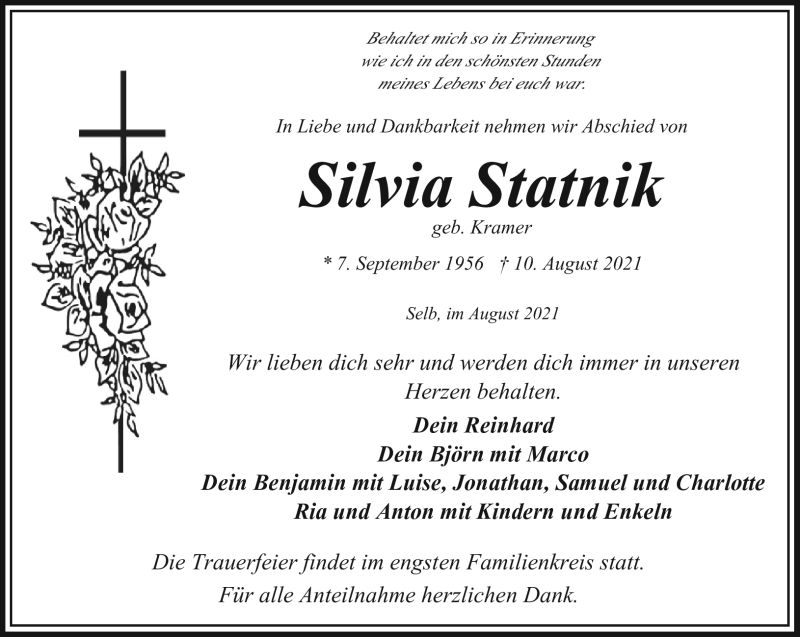  Traueranzeige für Silvia Statnik vom 14.08.2021 aus Frankenpost