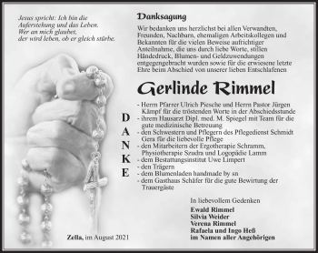 Traueranzeige von Gerlinde Rimmel von Südthüringer Presse