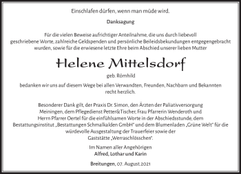 Traueranzeige von Helene Mittelsdorf von Südthüringer Presse
