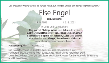 Traueranzeige von Else Engel von Neue Presse Coburg