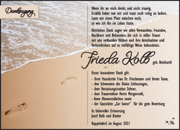 Traueranzeige von Frieda Kolb von Südthüringer Presse