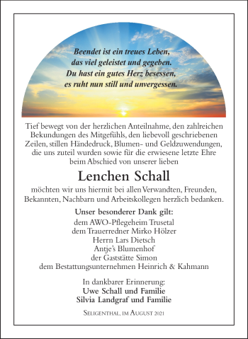Traueranzeige von Lenchen Schall von Südthüringer Presse