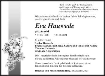 Traueranzeige von Eva Hauwede von Südthüringer Presse