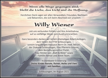 Traueranzeige von Willy Wiener von Südthüringer Presse