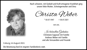 Traueranzeige von Christa Weber von Neue Presse Coburg