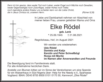 Traueranzeige von Elke Rödel von Frankenpost