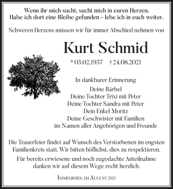 Traueranzeige von Kurt Schmid von Südthüringer Presse