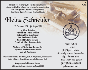 Traueranzeige von Heinz Schneider von Südthüringer Presse