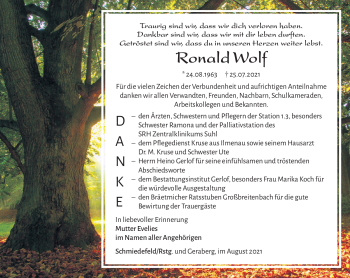 Traueranzeige von Ronald Weiß von Südthüringer Presse