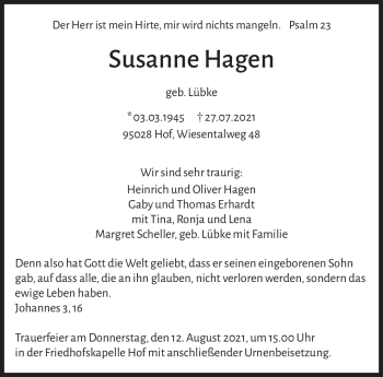 Traueranzeige von Susanne Hagen von Frankenpost