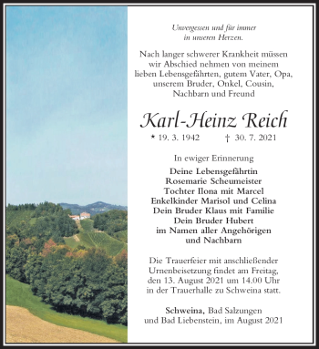 Traueranzeige von Karl-Heinz Reich von Südthüringer Presse