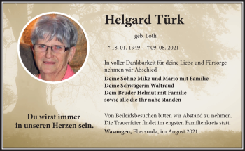 Traueranzeige von Helgard Türk von Südthüringer Presse