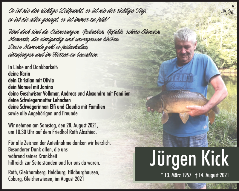  Traueranzeige für Jürgen Kick vom 21.08.2021 aus Südthüringer Presse
