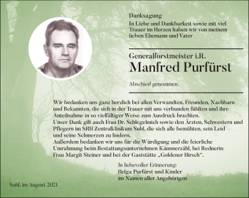 Traueranzeige von Manfred Purfürst von Südthüringer Presse